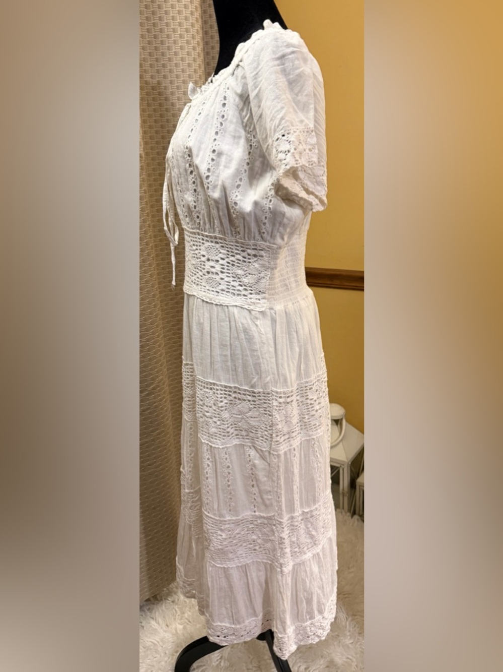 NAOO Nation AK Outfits Bohemian White Crochet Tie-Neck Maxi Dress 100% Cotton - Picture 3 of 7